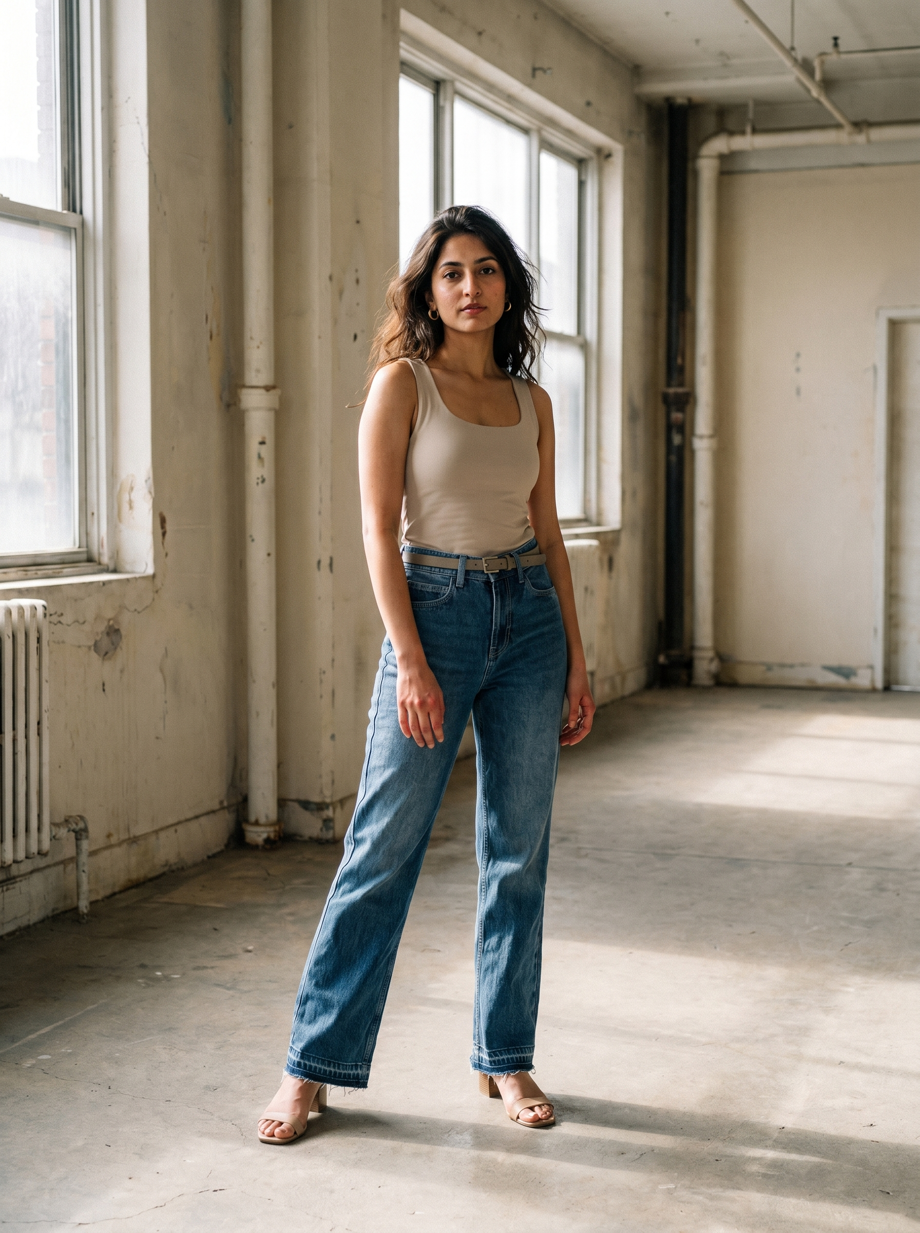 Woman wearing a beige tank top and Noir Archive jeans standing in an industrial-style room with large windows.