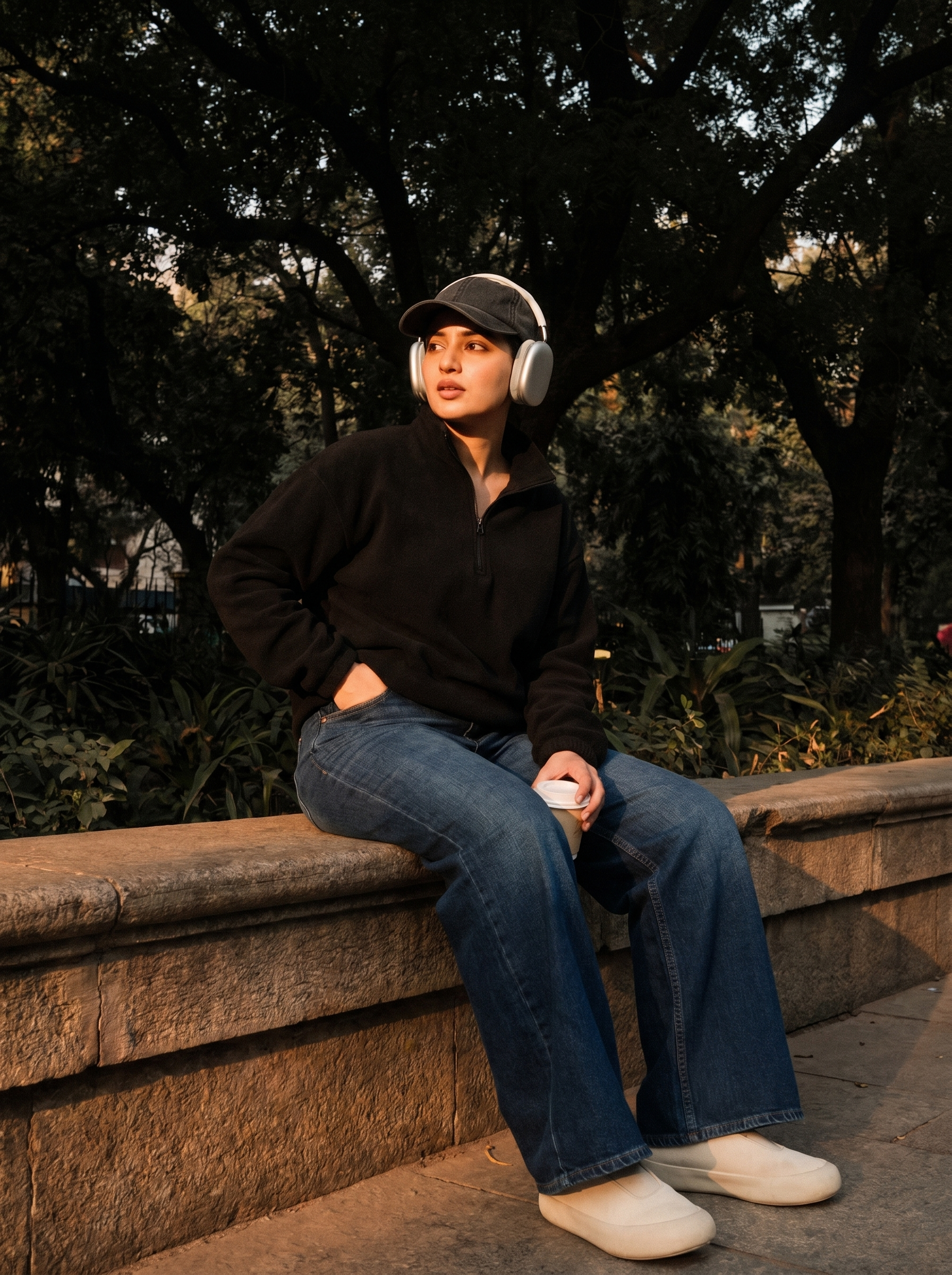 Person sitting on a stone bench with trees in the background wearing Nova Core Indigo denim
