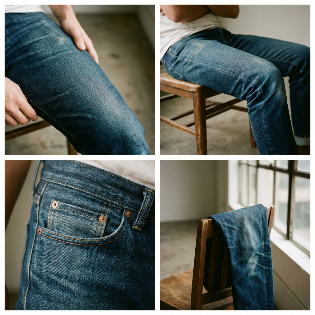 Collage of SOH jeans worn and displayed in various settings.