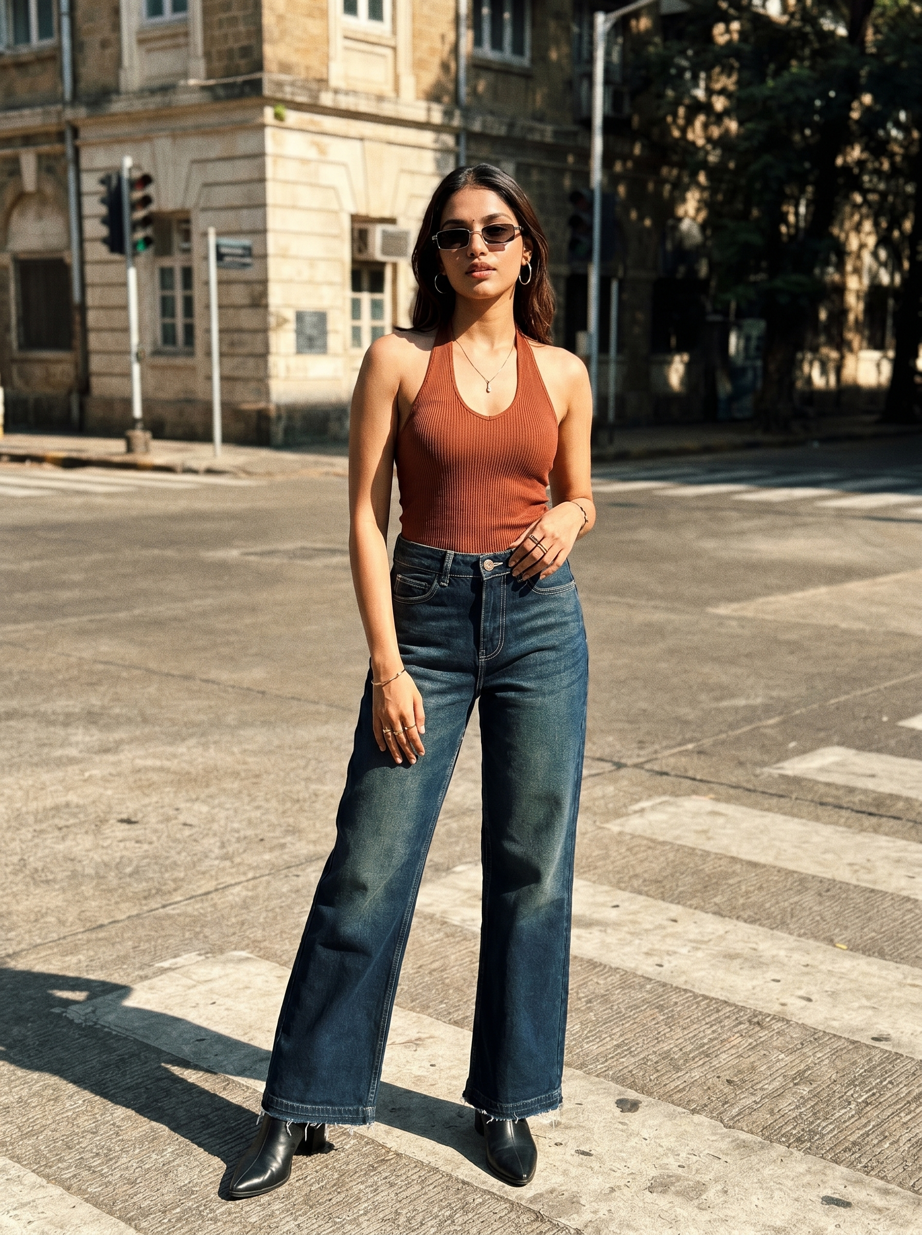 Woman in a rust-colored top and SOH's Noir jeans standing on a city street.