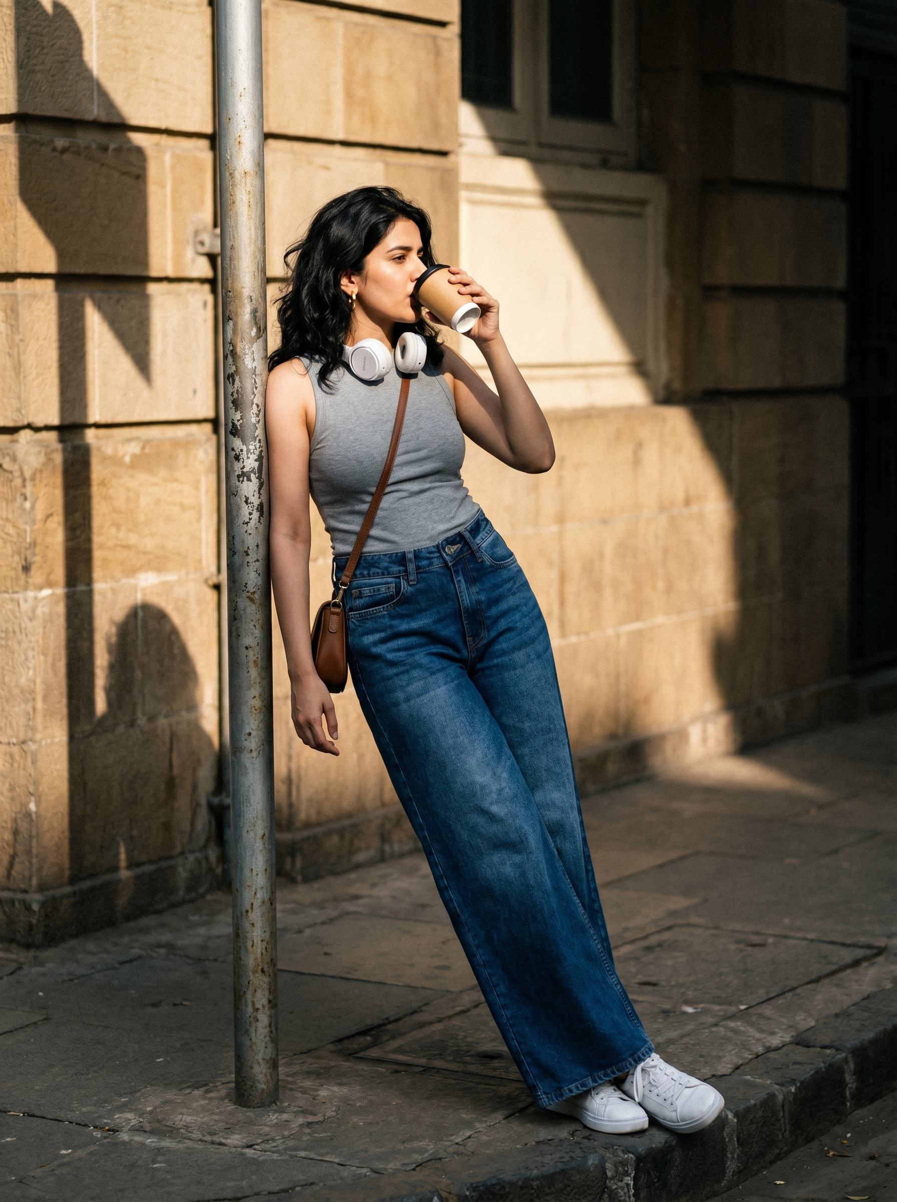 Woman leaning against a wall, drinking from a cup, wearing a gray top and SOH's NOVA jeans.