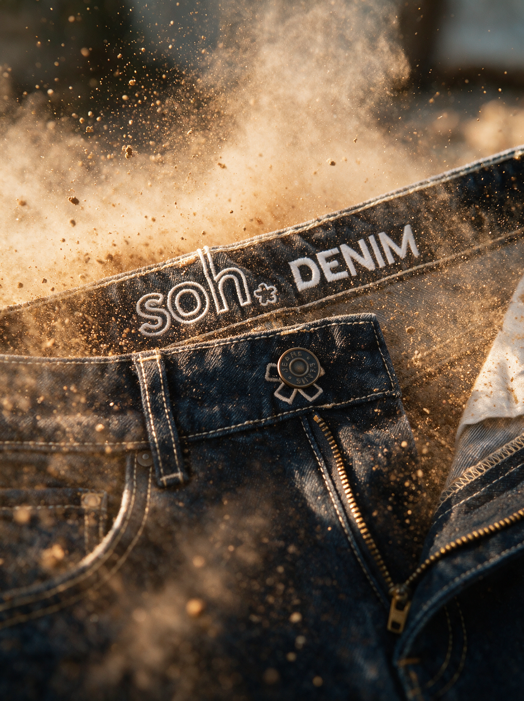 Close-up of SOH dark blue denim jeans, shown with dust and gold-colored powder exploding around the fabric.