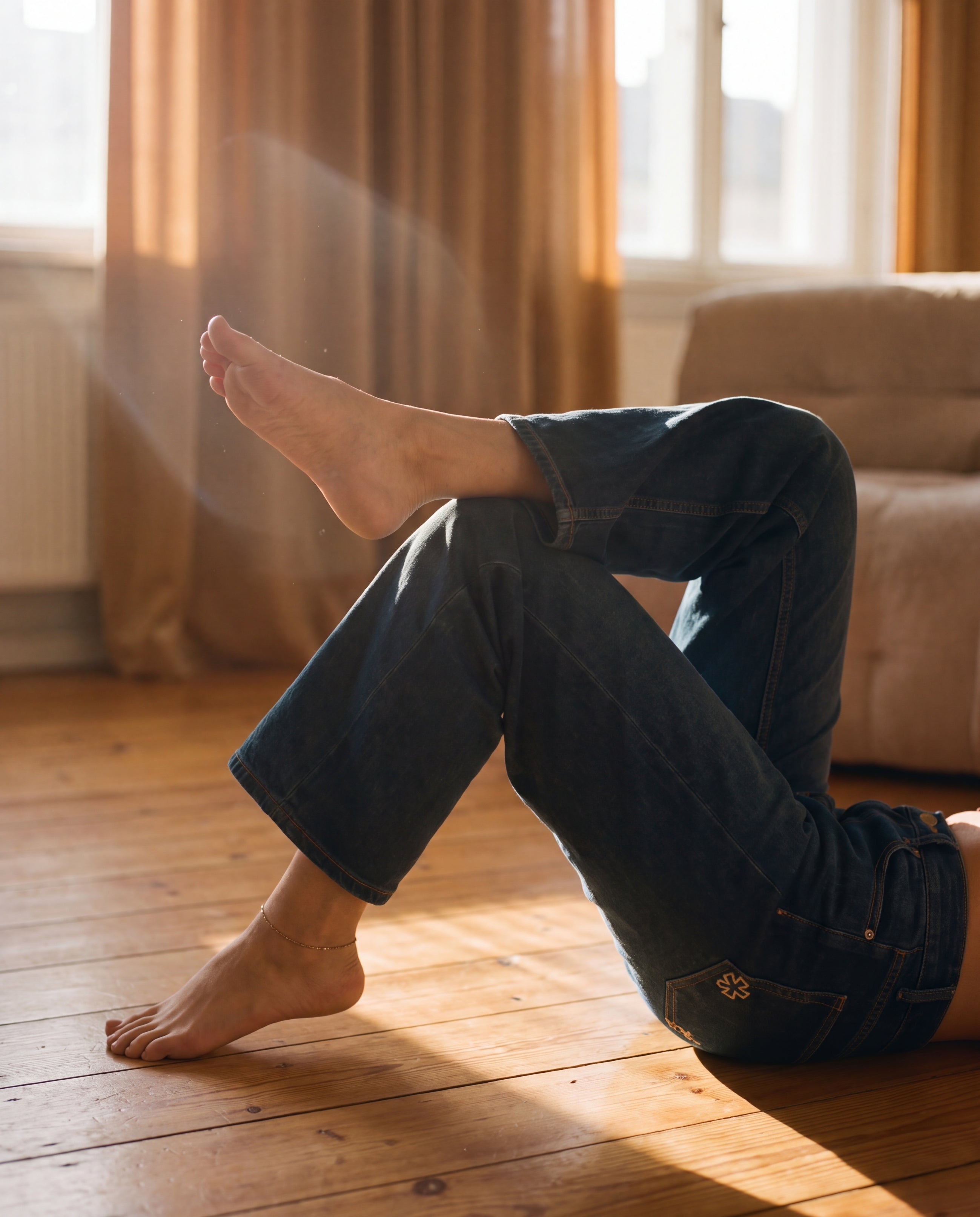 A person sitting on a wooden floor in a sunlit room, wearing SOH Afterlight Indigo jeans with one leg bent upward. 
