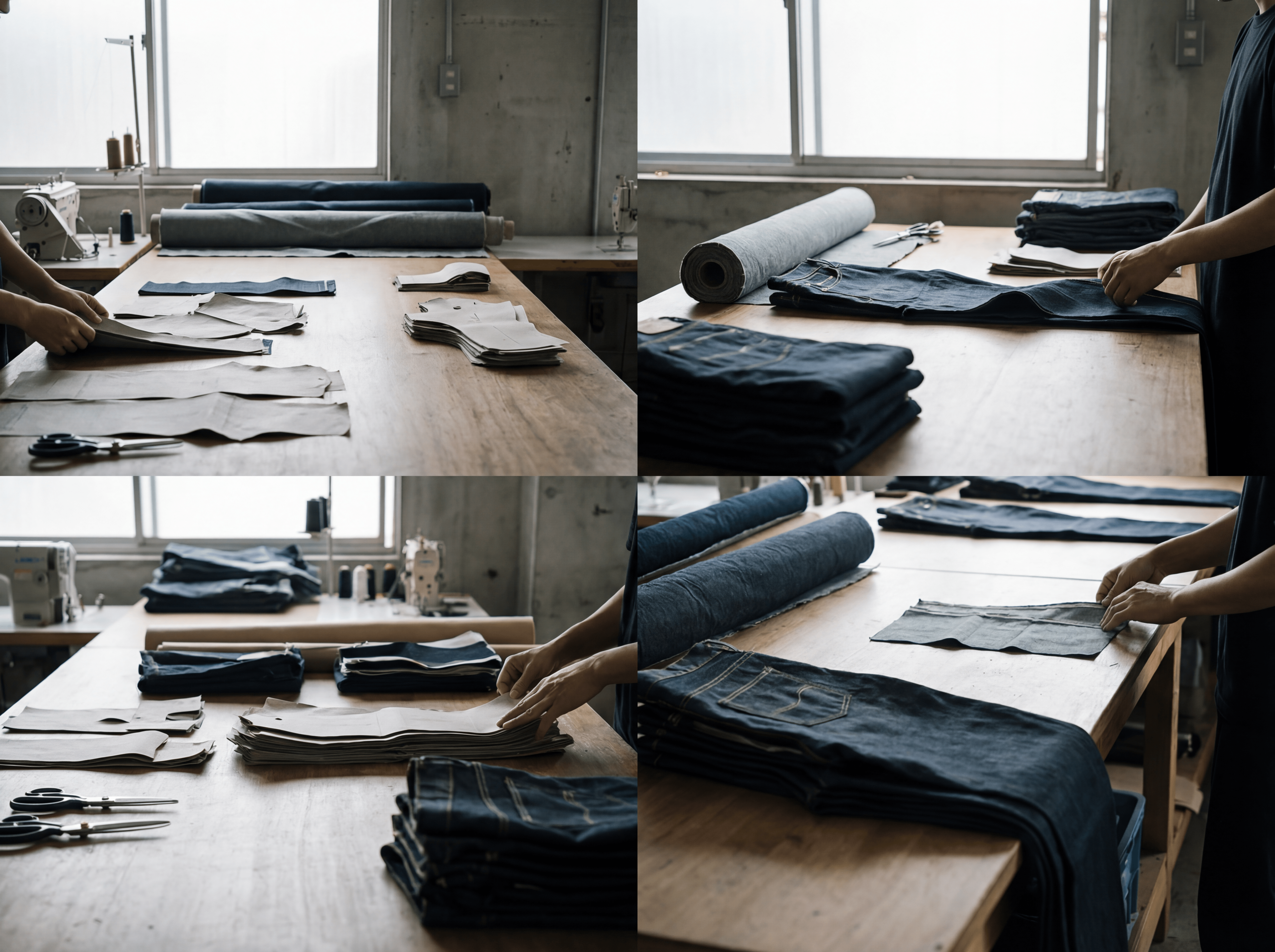 Collage of a person working with SOH's fabric on a wooden table in our workshop.