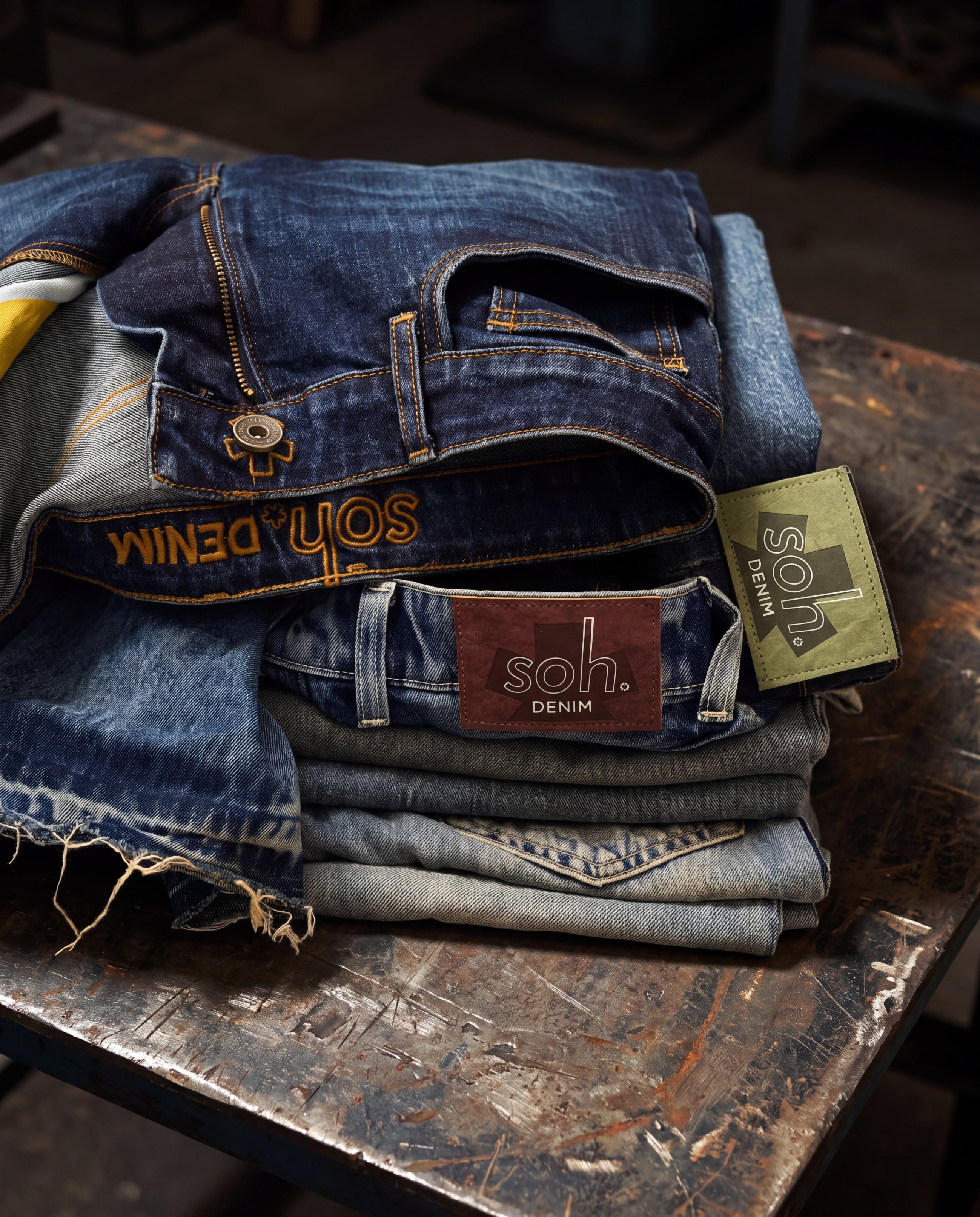A stack of folded SOH denim jeans in various washes. Denim brand patches and a hangtag, arranged on a rustic metal workbench.