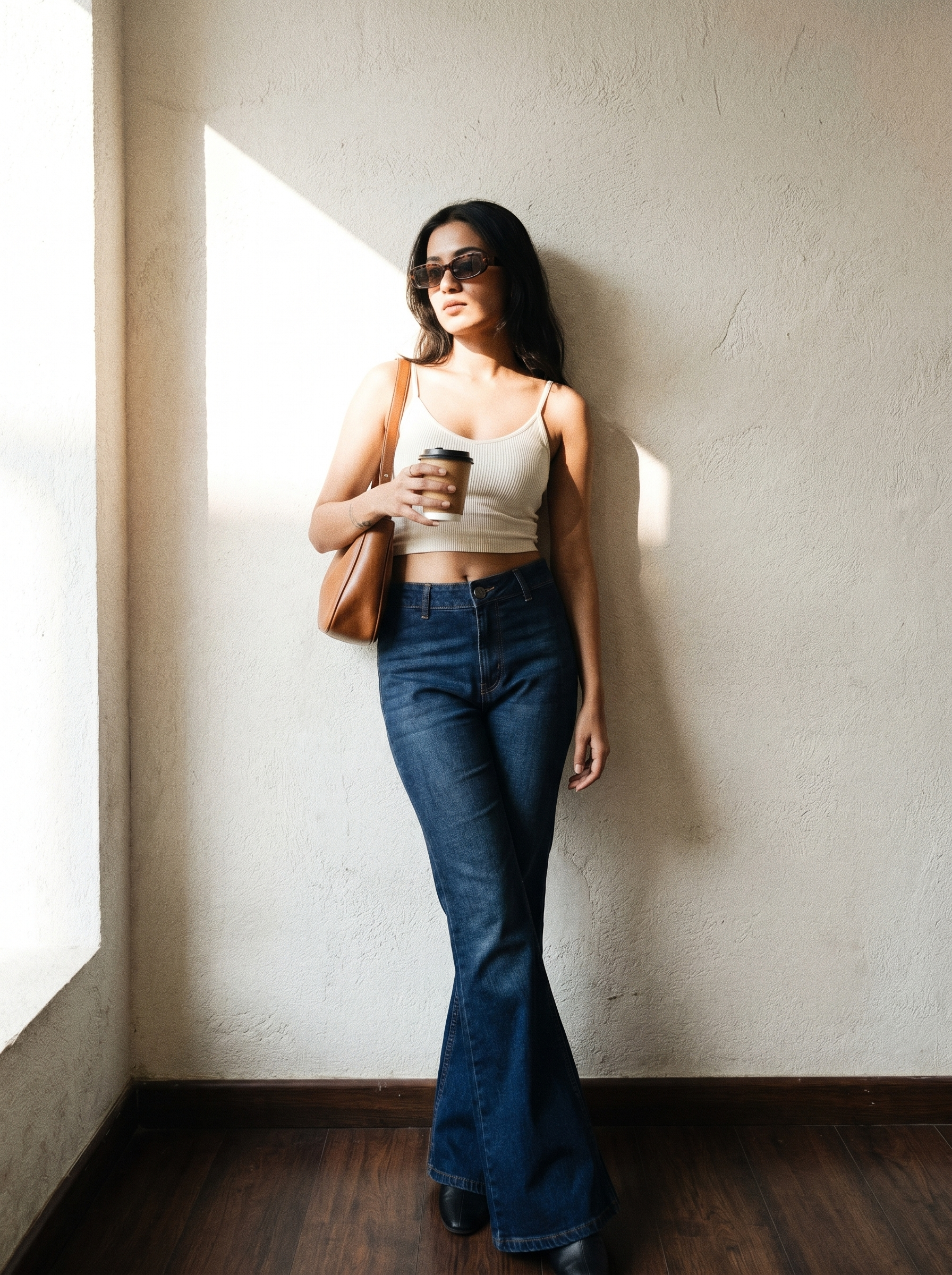 Woman in white tank top and blue jeans holding a coffee cup against a light wall.